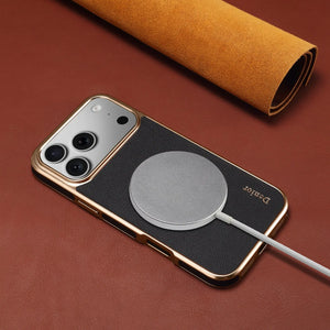 Black luxury leather iPhone case by PADUCASE with sleek design, shown on a white background.