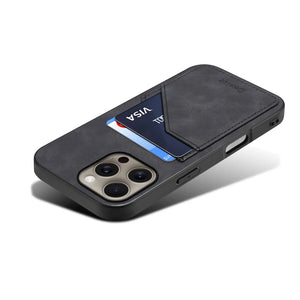 Black leather iPhone case with card holder from PADUCASE offering full protection and convenient card storage.