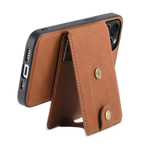 PADUCASE MagSafe iPhone case with leather wallet in brown, offering full protection and easy magnetic attachment.