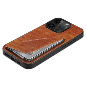 Brown PADUCASE wallet iPhone case with integrated card holder, showing the front view with card slots and sleek design.