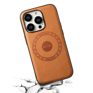 Brown MagSafe leather iPhone case by PADUCASE with sleek design, featuring a close-up of the textured leather surface.