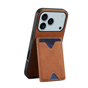 Brown leather iPhone case with card holder and foldable stand for iPhone 12-17, featuring a sleek, protective design by PADUCASE