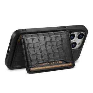 Black leather wallet iPhone case by PADUCASE with sleek design, showing the case's smooth texture and slim profile on a neutral background.