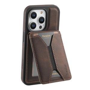 Brown leather MagSafe iPhone case with built-in magnetic card holder by PADUCASE, showing close-up of the case's texture and card slot.