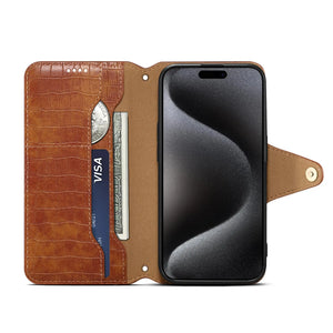 Brown leather flip iPhone case by PADUCASE with card holder and strap, showing front view with open flip and card slot details.