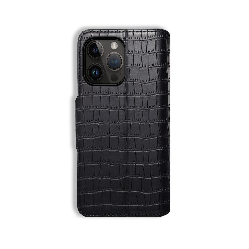 Alligator Print Phone Case With Wallet And Strap For iPhone Black-644008992013