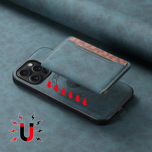 Blue leather iPhone case with MagSafe card holder by PADUCASE, showing the sleek design and integrated card slot.