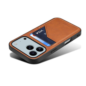 Brown premium leather wallet iPhone case with card holder by PADUCASE, featuring a slim design and multiple card slots.