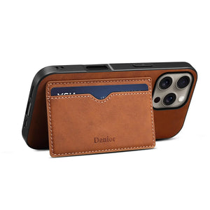 Brown leather wallet iPhone case by PADUCASE with full protection, showing the textured leather surface and secure card slots.