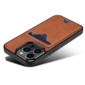 Brown leather iPhone case with card holder and stand feature, by PADUCASE, showing the front view of the protective phone cover.