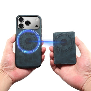 Blue leather iPhone case with MagSafe magnetic wallet for iPhone 12 to 17, featuring a sleek PADUCASE design with card slots.