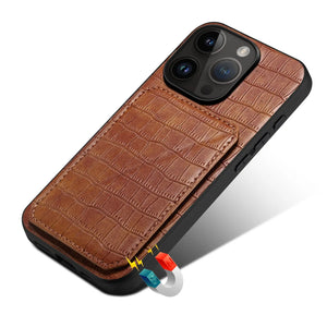 Brown PADUCASE wallet iPhone case with card holder, showing the sleek exterior and card slots on the back.