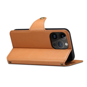 PADUCASE leather iPhone wallet case with flip cover and card holder in khaki, showing open design with card slots and phone compartment.