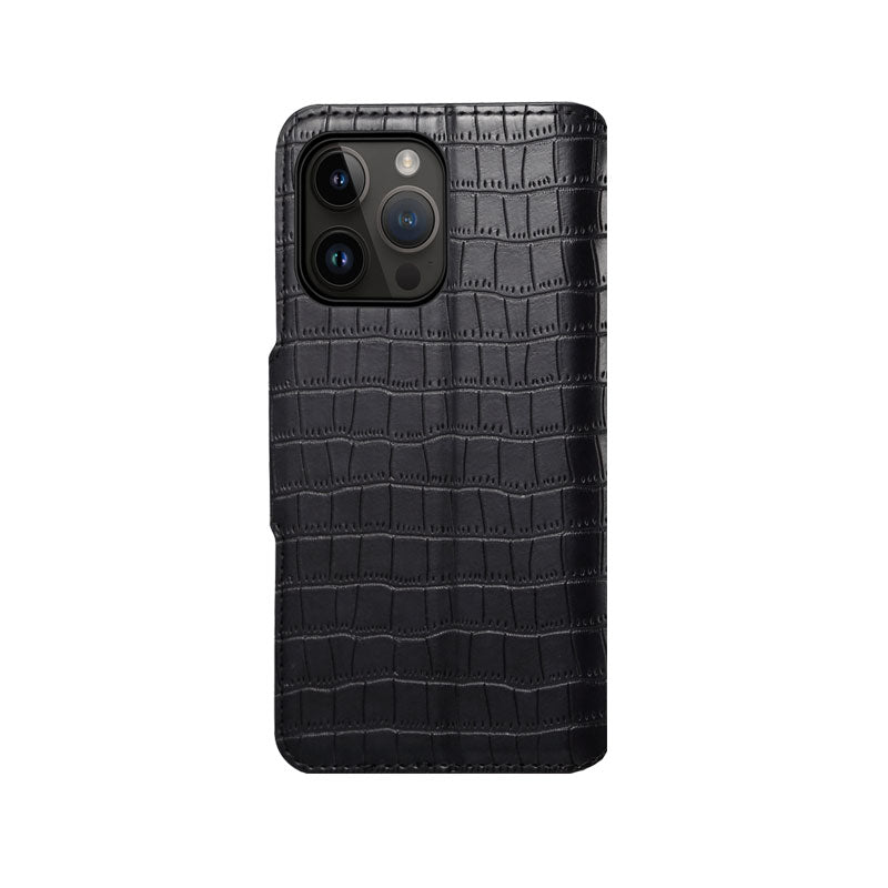 Alligator Print Phone Case With Wallet And Strap For iPhone Black-644008992013