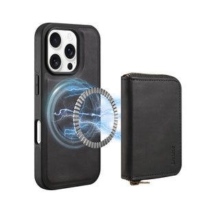 Black MagSafe leather iPhone case with integrated magnetic wallet by PADUCASE, featuring a sleek and slim design.