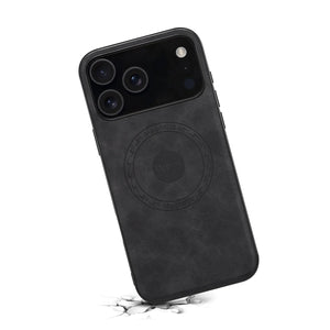Black PADUCASE MagSafe leather iPhone case providing full protection, with a sleek and smooth leather finish.