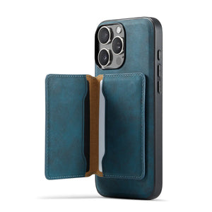 Blue leather iPhone case with MagSafe and card holder by PADUCASE, showing the sleek design and integrated card slot.