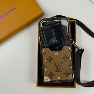 Luxury Leather Monogram iPhone Case With Wallet And Crossbody Strap For iPhone 17 Series Black-RCLV137