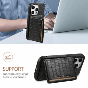 Black leather wallet iPhone case by PADUCASE featuring a sleek design and card slots, shown on a smartphone.