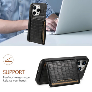 Black leather wallet iPhone case by PADUCASE featuring a sleek design and card slots, shown on a smartphone.