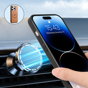 Black PADUCASE MagSafe Leather iPhone case with full protection, featuring a sleek leather finish and precise cutouts.