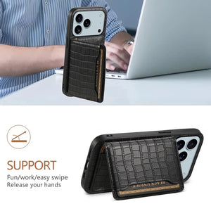 Black PADUCASE wallet iPhone case with card holder for iPhone 12-17, showing card slots and sleek protective design.