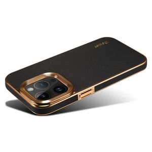 Black premium leather MagSafe iPhone case by PADUCASE, showing the sleek, textured leather exterior and magnetic attachment area.