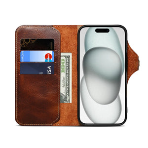 Brown leather iPhone case with card holder and strap, PADUCASE flip folio protective phone cover with multiple card slots.
