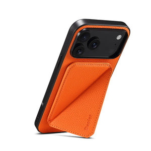 PADUCASE MagSafe iPhone case in orange with leather finish and hidden card slot, offering durable protection and sleek design.