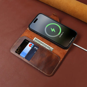 Brown PADUCASE iPhone case with card holder, strap, and leather flip folio design, providing protective and stylish phone cover.