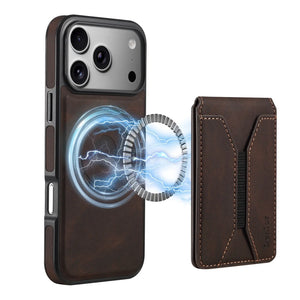 Brown leather MagSafe wallet iPhone case by PADUCASE, featuring a sleek design with integrated card holder and magnetic attachment.