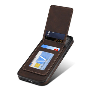 Brown leather MagSafe wallet iPhone case by PADUCASE with sleek design and integrated card holder, shown on a white background.