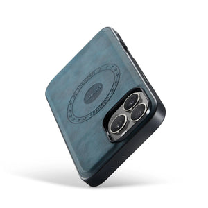 Blue leather iPhone case with MagSafe and card holder by PADUCASE, showing the front view with card slot and sleek design.