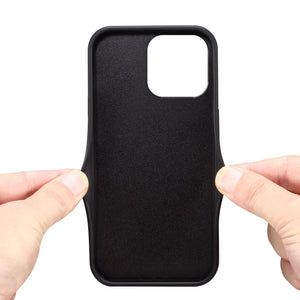 Black leather iPhone case with integrated card holder from PADUCASE, offering full protection and convenient card storage.
