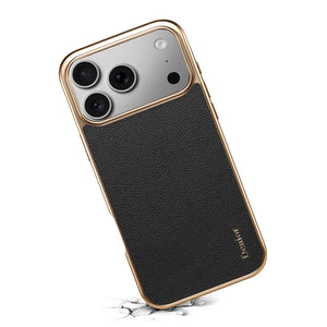 Black luxury leather iPhone case by PADUCASE with a sleek design, shown on a modern smartphone.