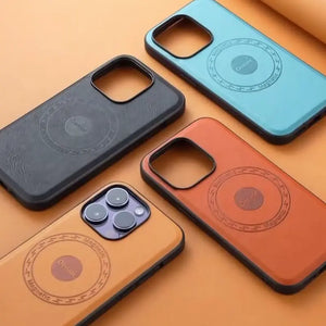 Brown MagSafe leather iPhone case by PADUCASE with sleek design and precise cutouts for easy access and protection.