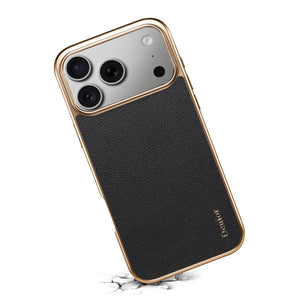 Black luxury leather iPhone case by PADUCASE with a sleek design, shown on a modern smartphone.