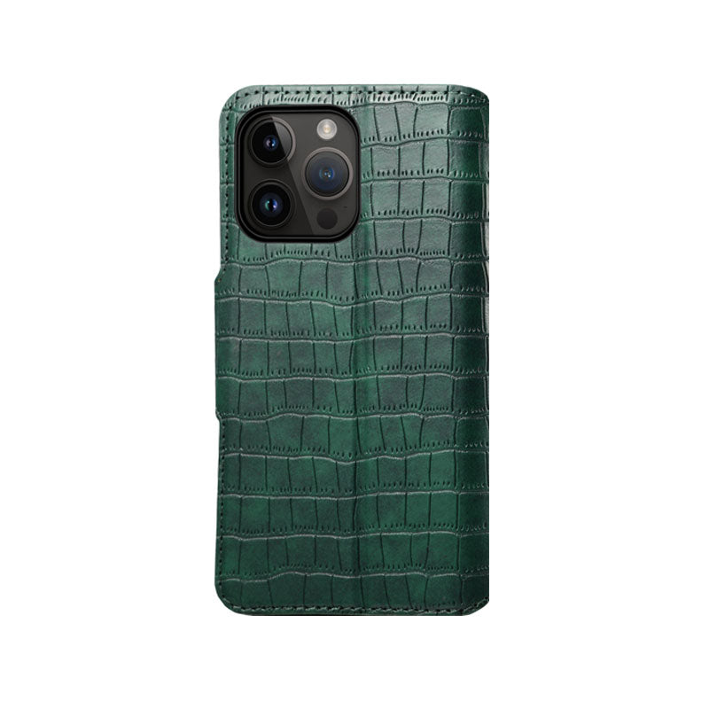 Alligator Print Phone Case With Wallet And Strap For iPhone Black-644008992013