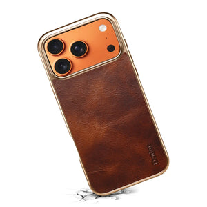 Brown leather iPhone case compatible with iPhone 12 to 17 from PADUCASE, showing the textured exterior and precise cutouts.