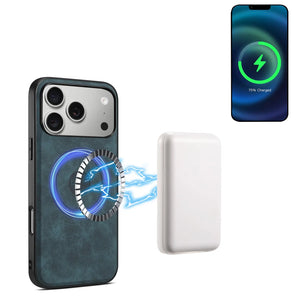Blue leather iPhone case with MagSafe magnetic wallet for iPhone 12-17, featuring PADUCASE branding and sleek design.