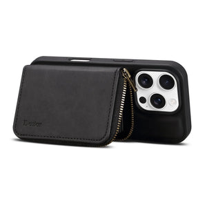 Black MagSafe leather iPhone case with integrated magnetic wallet by PADUCASE, showing sleek design and magnetic wallet feature.