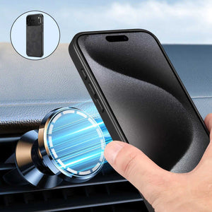 Black MagSafe leather iPhone case by PADUCASE with full protection, showing the sleek, textured leather surface and magnetic attachment area.
