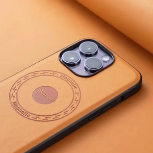 Brown MagSafe leather iPhone case by PADUCASE with sleek design, featuring precise cutouts and a smooth, textured surface.
