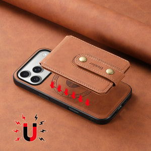 Brown leather MagSafe wallet iPhone case by PADUCASE compatible with iPhone 12 to 17, showing card slots and sleek design.