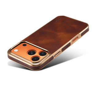 Brown leather iPhone case for iPhone 12 to 17 by PADUCASE, showcasing the textured exterior and precise camera cutout.
