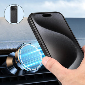 Black MagSafe leather iPhone case by PADUCASE with full protection, showing the sleek, textured leather surface and magnetic attachment area.