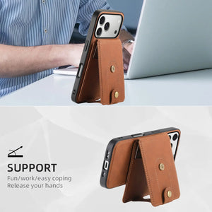 Brown leather MagSafe wallet iPhone case by PADUCASE, compatible with iPhone 12 to 17, showing front view with magnetic closure