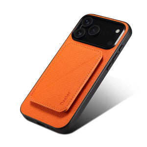Orange leather MagSafe iPhone case with hidden card slot from PADUCASE, providing durable protection and convenient card storage.