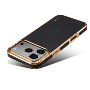 Black luxury leather iPhone case by PADUCASE featuring a sleek, slim design with precise cutouts for easy access.