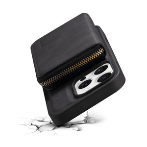 Black PADUCASE MagSafe leather iPhone case with integrated magnetic wallet and sleek design, shown on a white background.